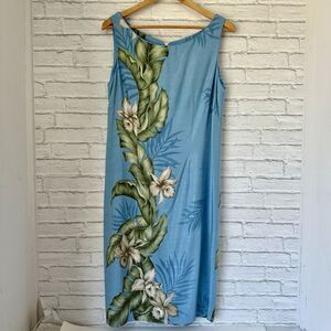 Hilo Hattie Dress Blue Orchid Floral Hawaiian Rayon Tank Dress Large Sleeveless